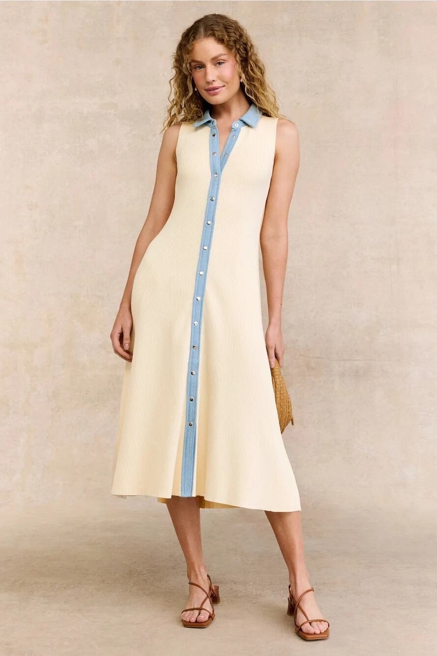 CeCe Sweater Dress Denim Collar Placket Sleeveless Rib Knit Midi Off White S